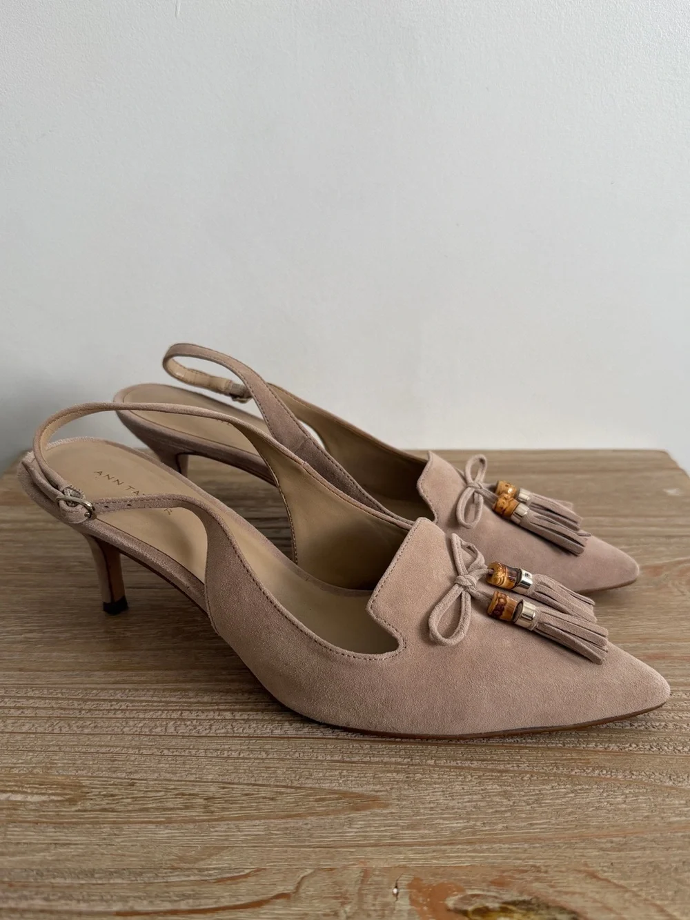 Ann Taylor Beige Suede Slingback Heels with Tassel Detail